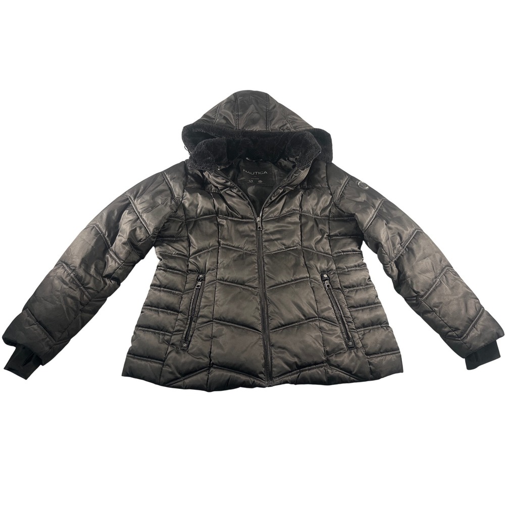 Nautica Womens Black Quilted Puffer Jacket Faux Fur Detachable Hood XL Water Res